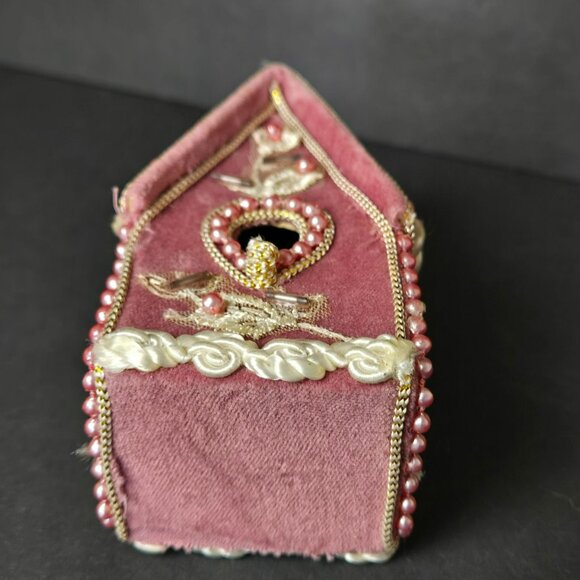 Velvet Beaded Birdhouse Ornament Pink Embroidered Christmas Decoration Elegant - Picture 6 of 9